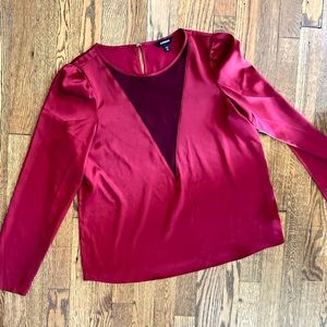 Crimson Sheer V Neck Satin Long Sleeve Shirt